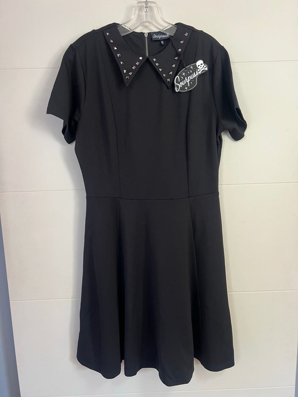 Sourpuss NWT Studded Collar Black Skater Dress Women Size XL Goth Punk Mod